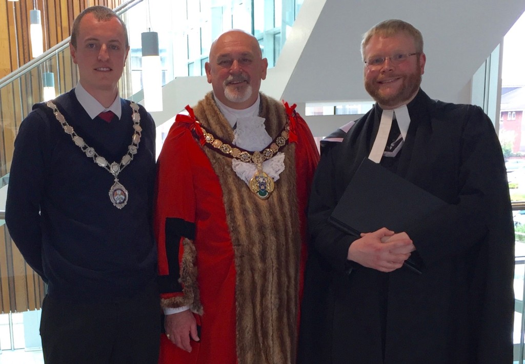 From left to right: The Town Mayor of Loftus Cllr Mr Wayne Davies, The Worshipful the Mayor of the Borough of Redcar and Cleveland Cllr Mr Barry Hunt, and The Reverend the Rector of Loftus-in-Cleveland and Carlin How with Skinningrove Father Adam Gaunt